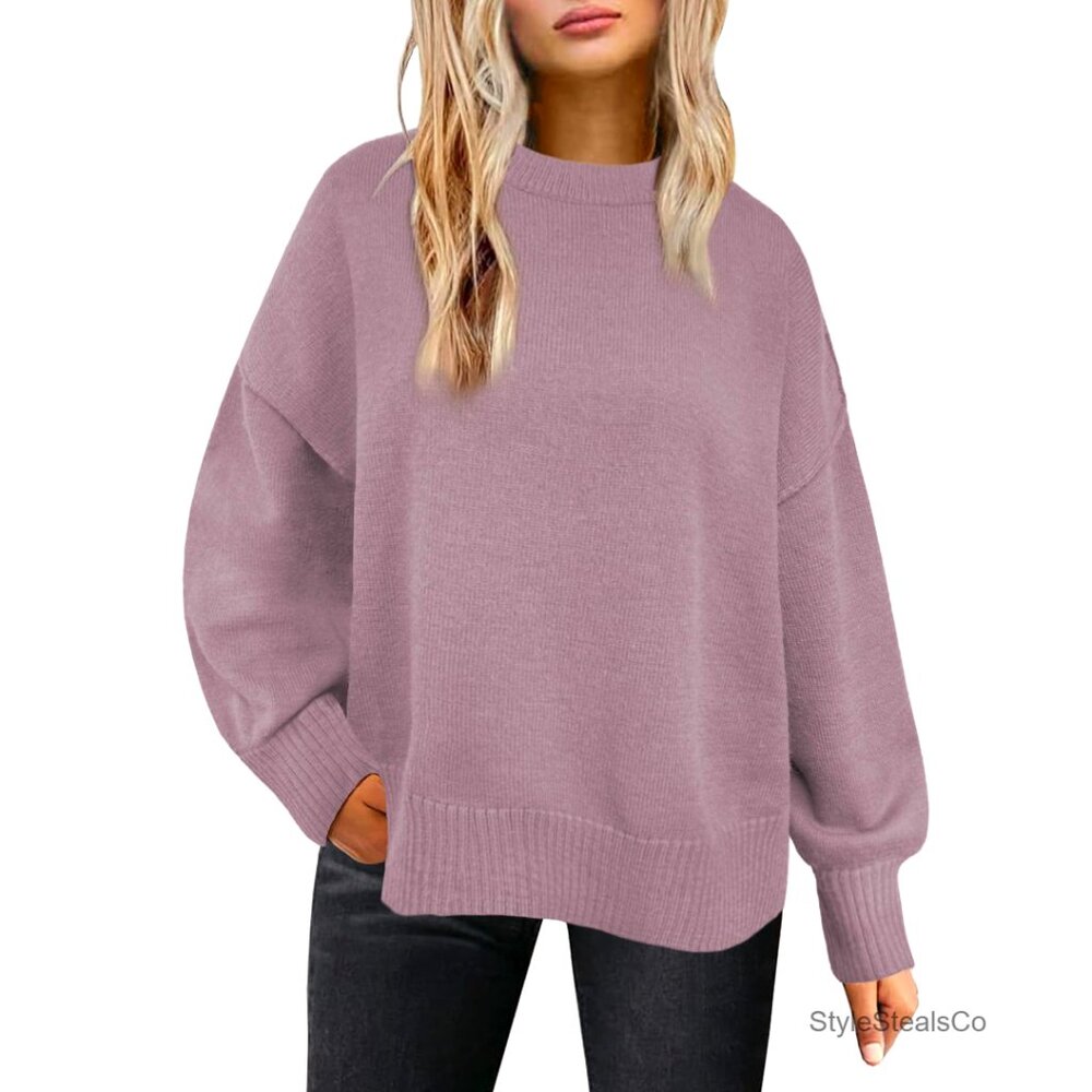Oversized Ribbed Crewneck Sweater Pullover Tunic Top Loose Fit Long Sleeve